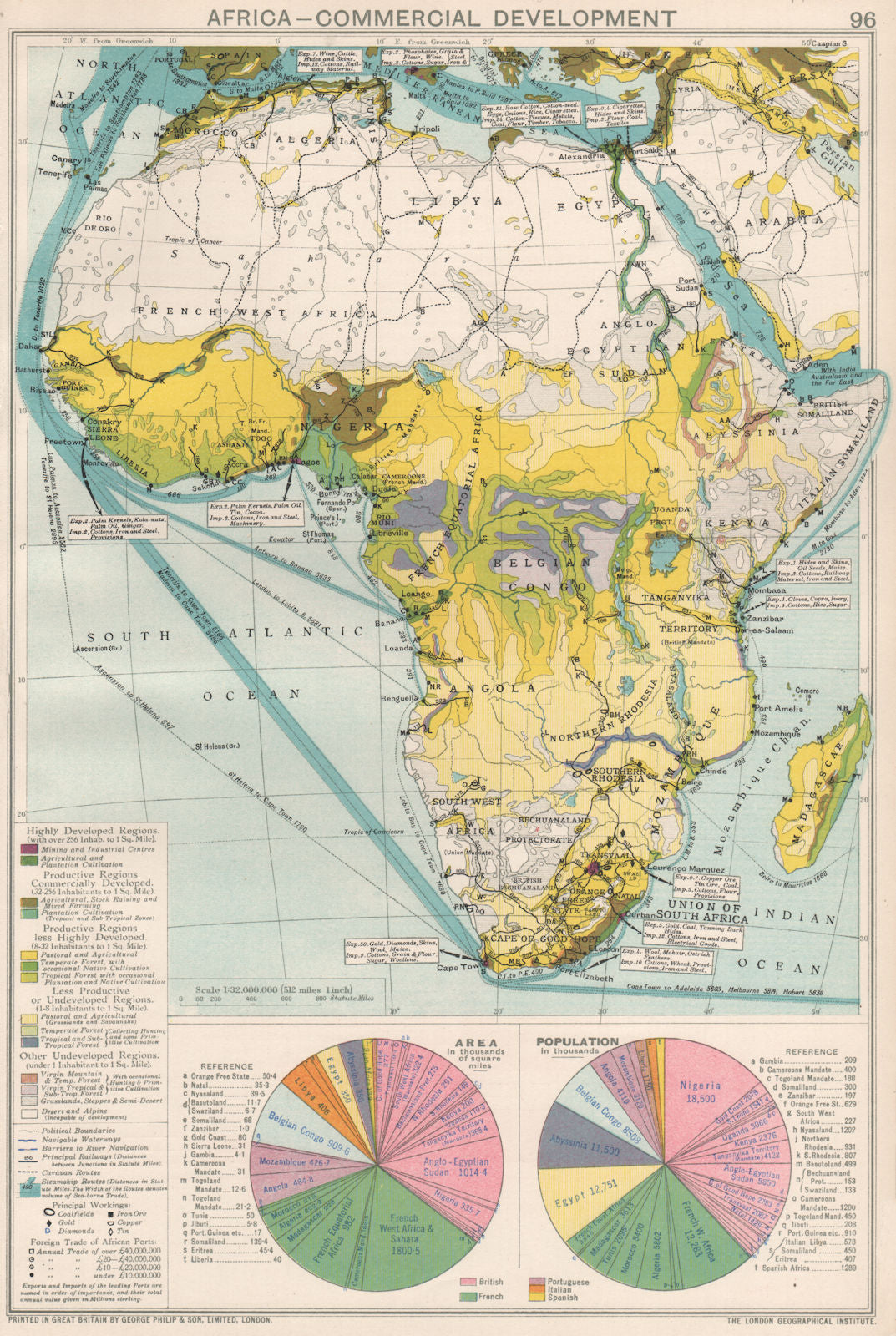 Africa. Commercial Development. Import & export routes. Mining 1925 old map